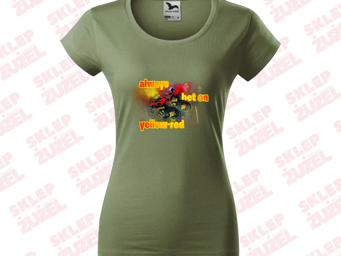 Koszulka Damska dla fanki żużla z nadrukiem MZ24 Always bet on yellow-red